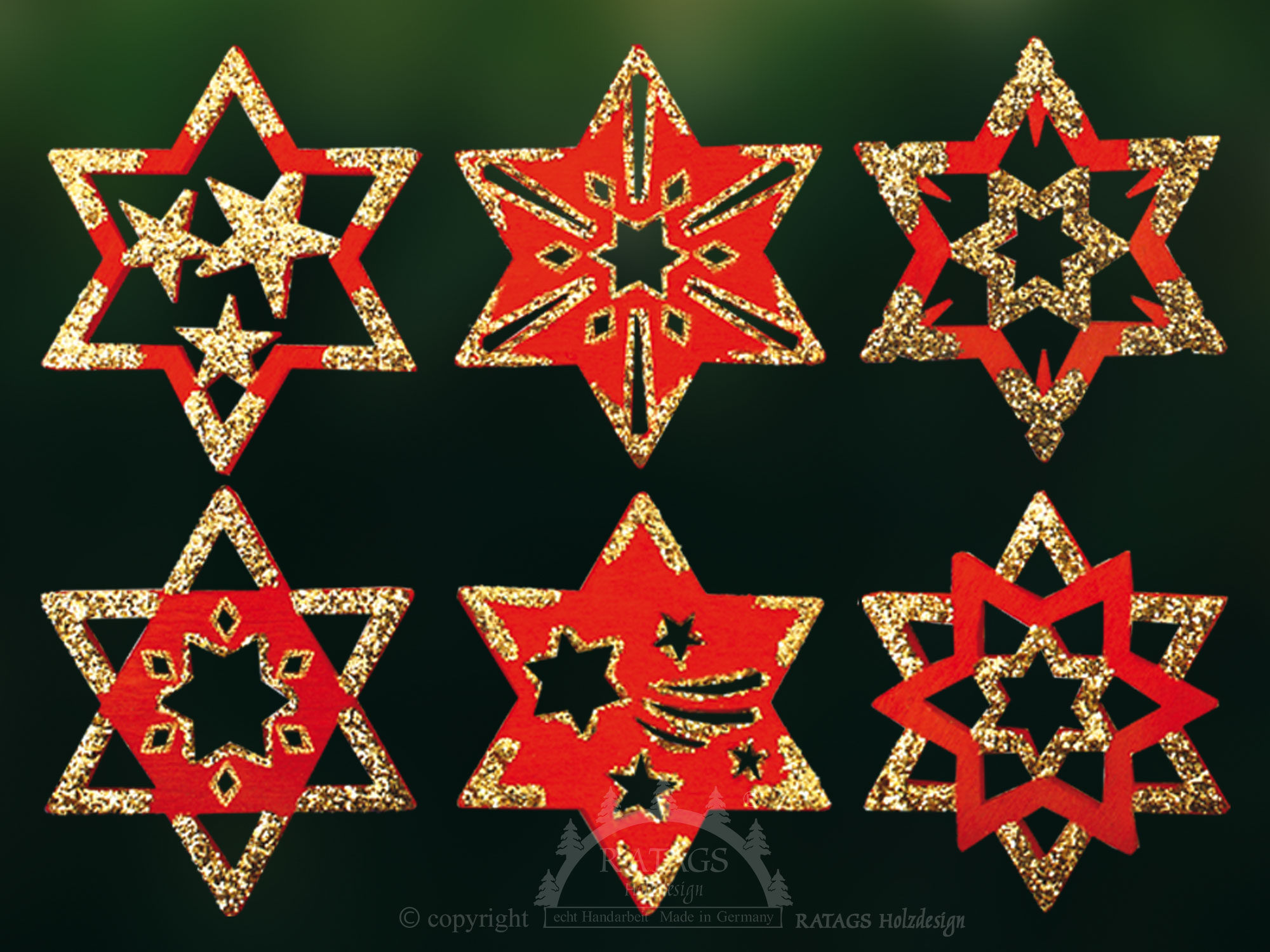 Tree decorations, set of 6, stars, red and gold