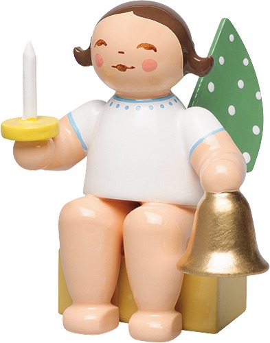 Engel, klein, mit Glocke und Licht dunkles Haar