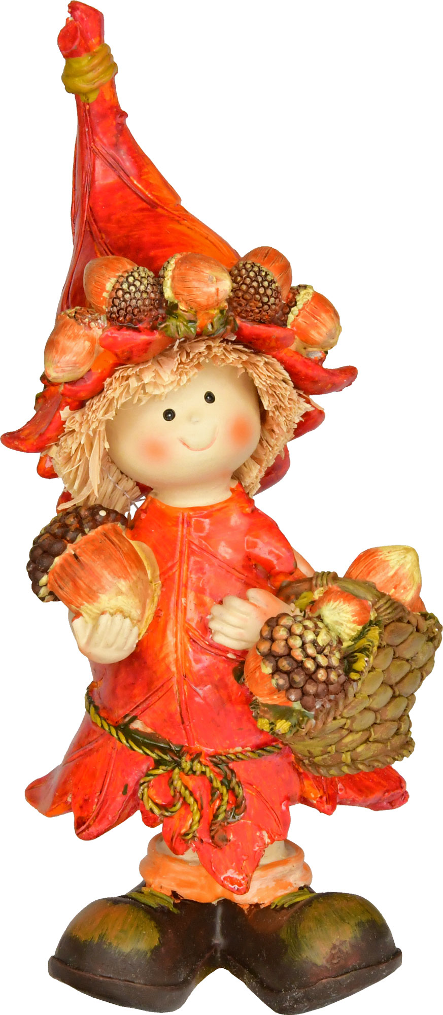 Autumn figure with pointed cap and acorn, gnome, synthetic resin, coloured, interior decoration