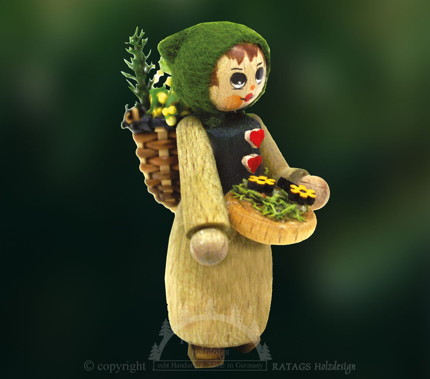 Figur, Blumenfrau, Blumenschale und Huckkorb Figur, Blumenfrau, Blumenschale und Huckkorb