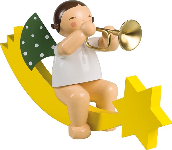 Engel mit Trompete, auf Schweif dunkles Haar