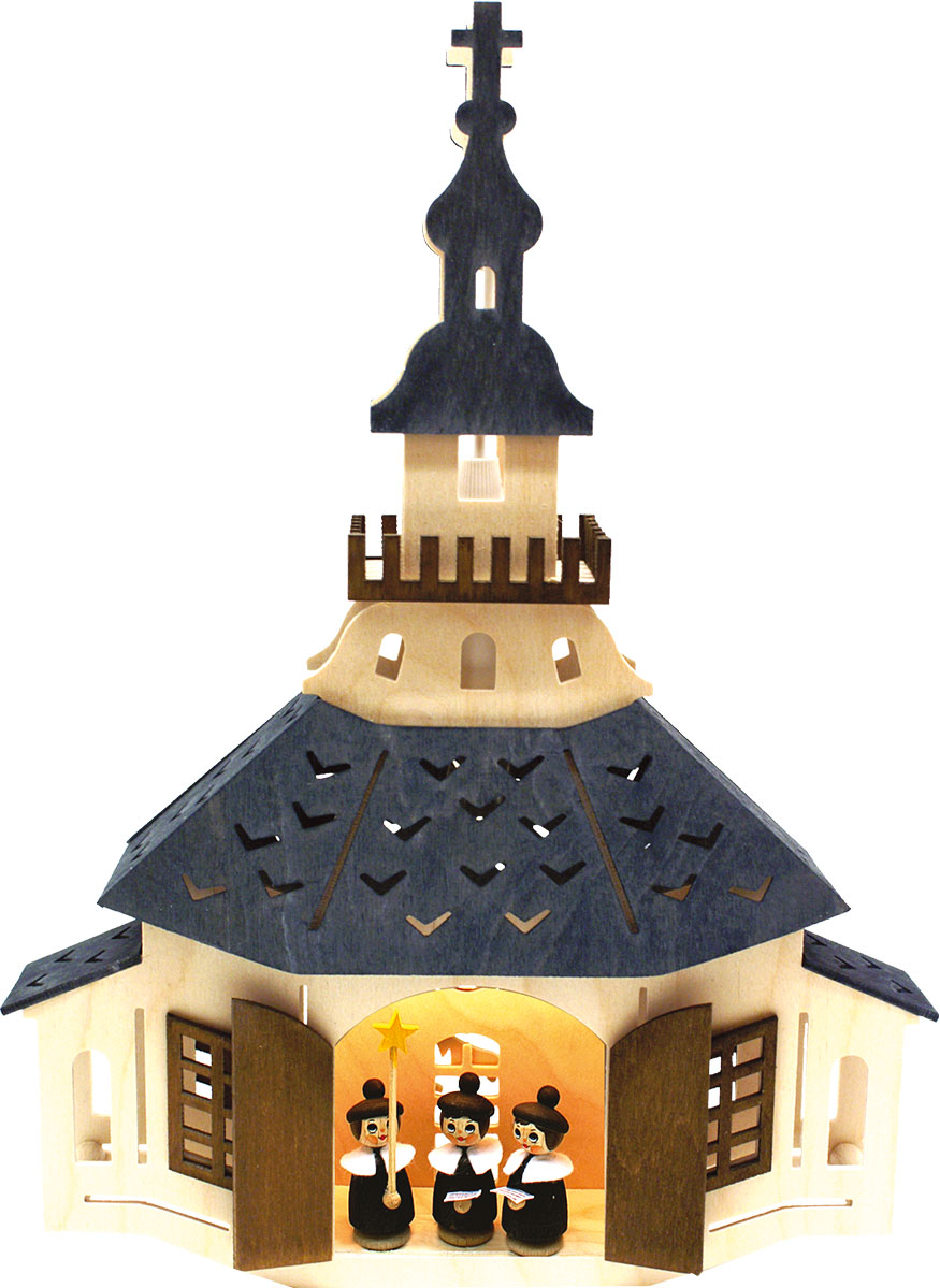 Window picture, illuminated, Kurrende church, black, coloured roofs