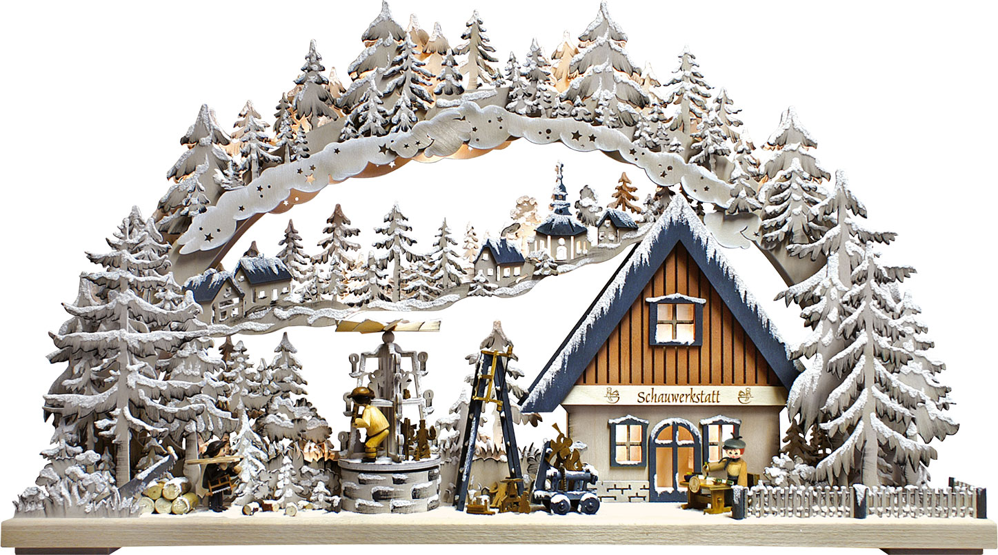 3D-Schwibbogen velký, ukázková dílna, s pyramidou, barevný šedý, jinovatka
