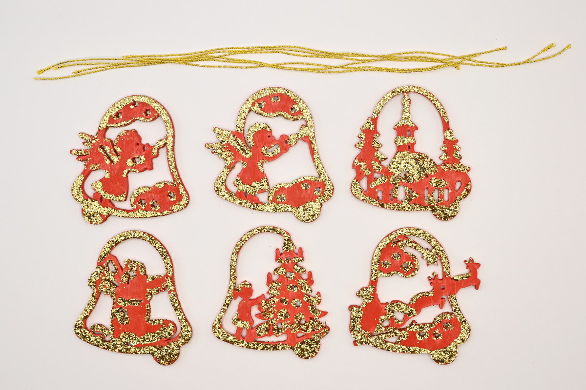 Tree decorations, set of 6, bells, red and gold
