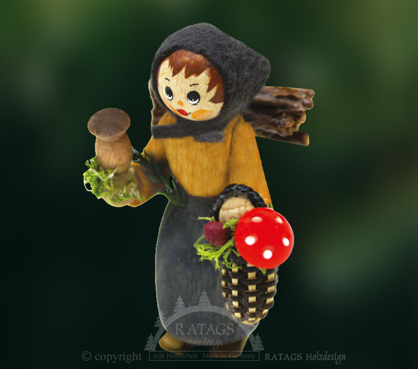 Figurine, femme des bois avec champignons et brindilles, grise