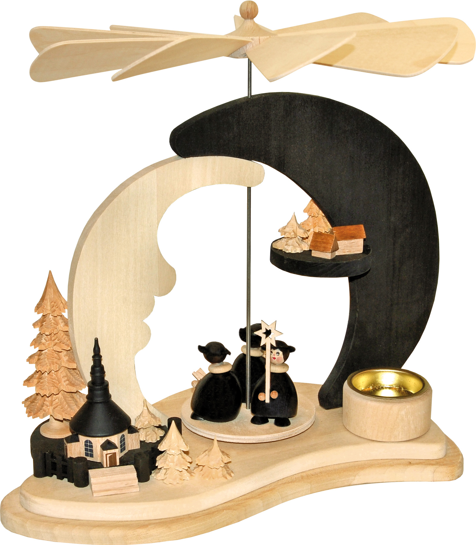 Solid wood pyramid, carol singers, tea light