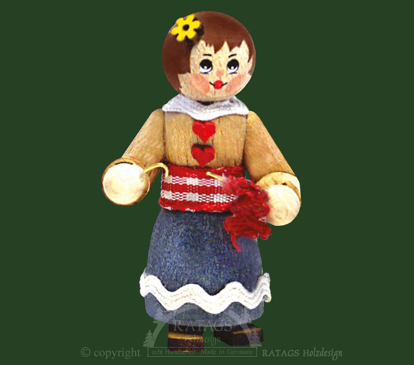 Figur, Strickerin in Sitzstellung, ohne Stuhl, Bluse natur, grauer Rock