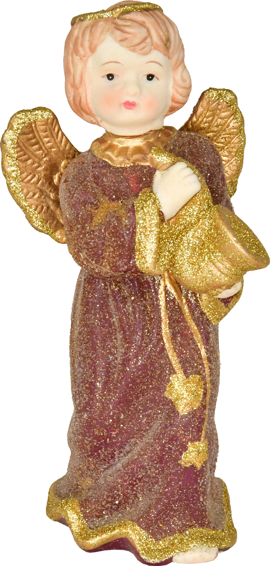 Keramikengel, stehend mit Füllhorn, Weinrot/Gold, Glitter