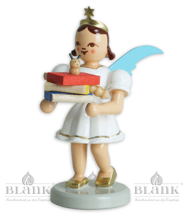 Kortskjortad ängel med bokmal – färgad, ca 7 cm
