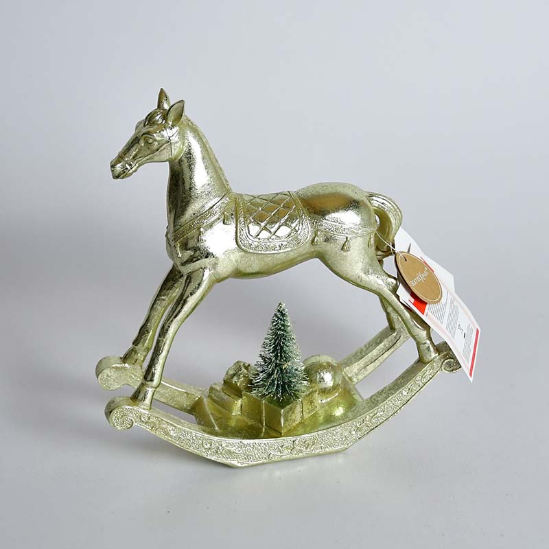 Golda figure, 2 assorted, rocking horse, LED H 21 cm, synthetic resin gold