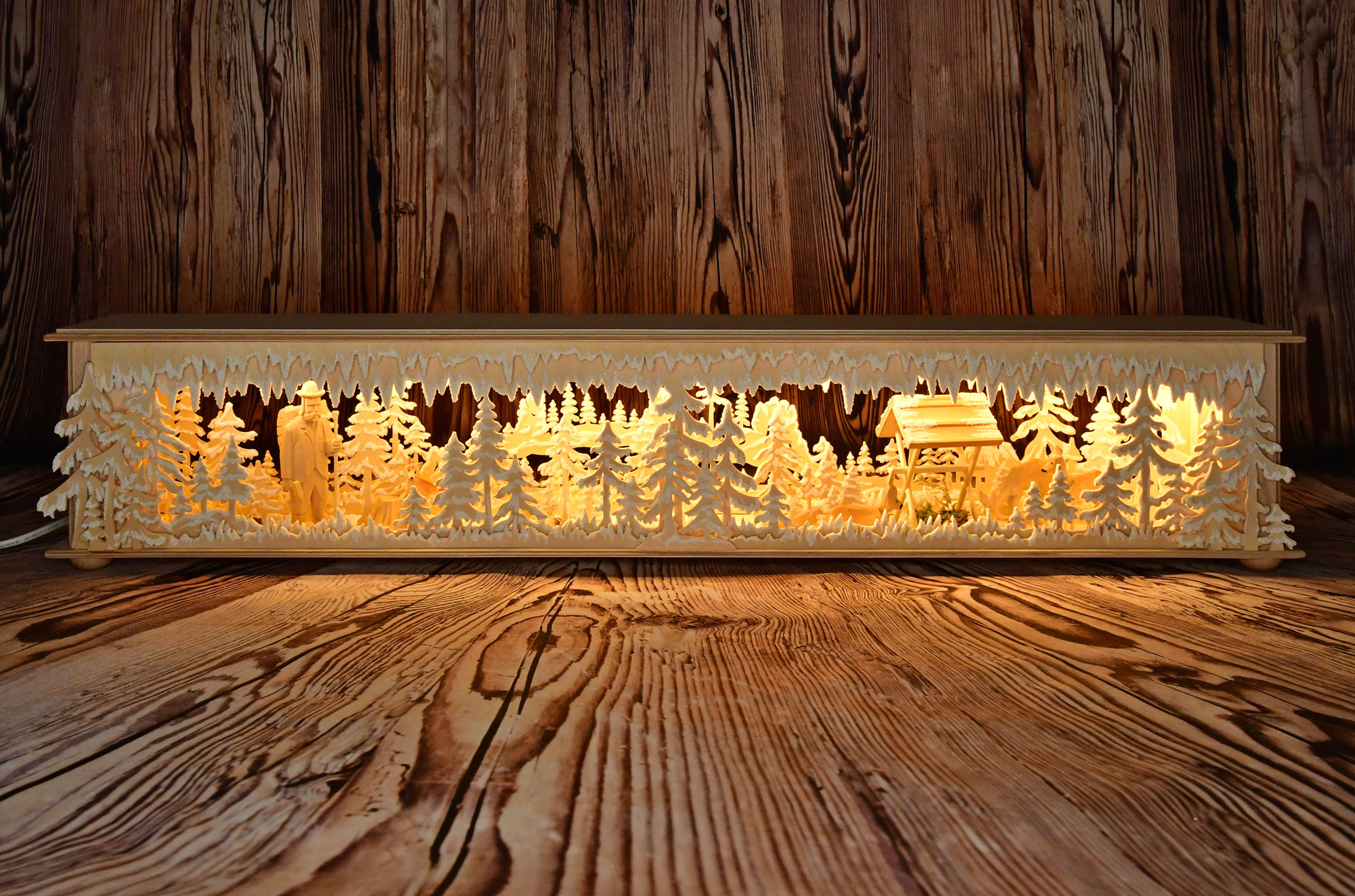 Room light, large, forest, forest man with axe, feeding trough, hoarfrost