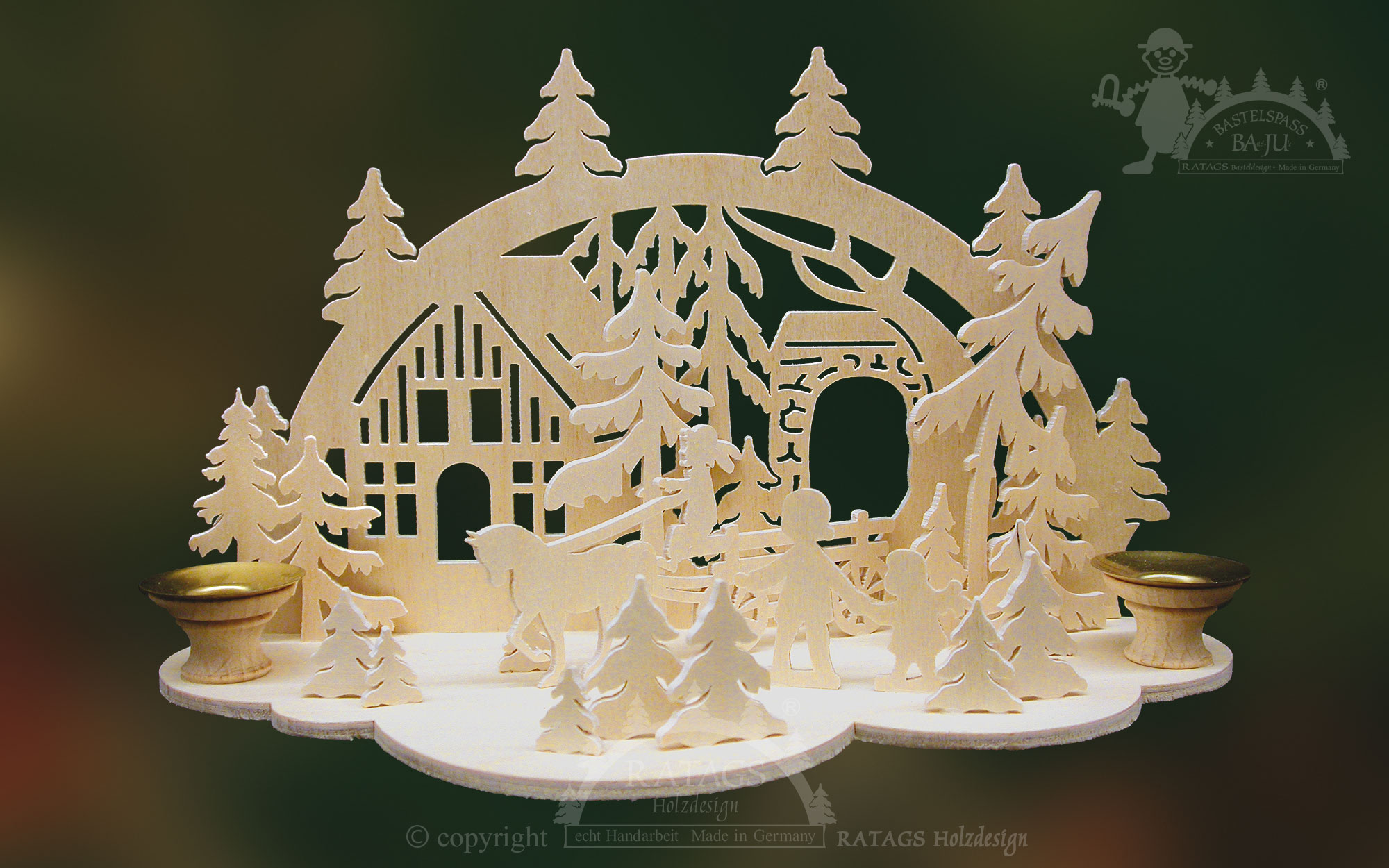 Table decorations for crafting, horse-drawn carriage in front of forest house