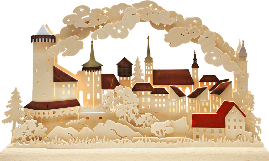 3D-Schwibbogen kl., Silhouette Bautzen, farbige Dächer