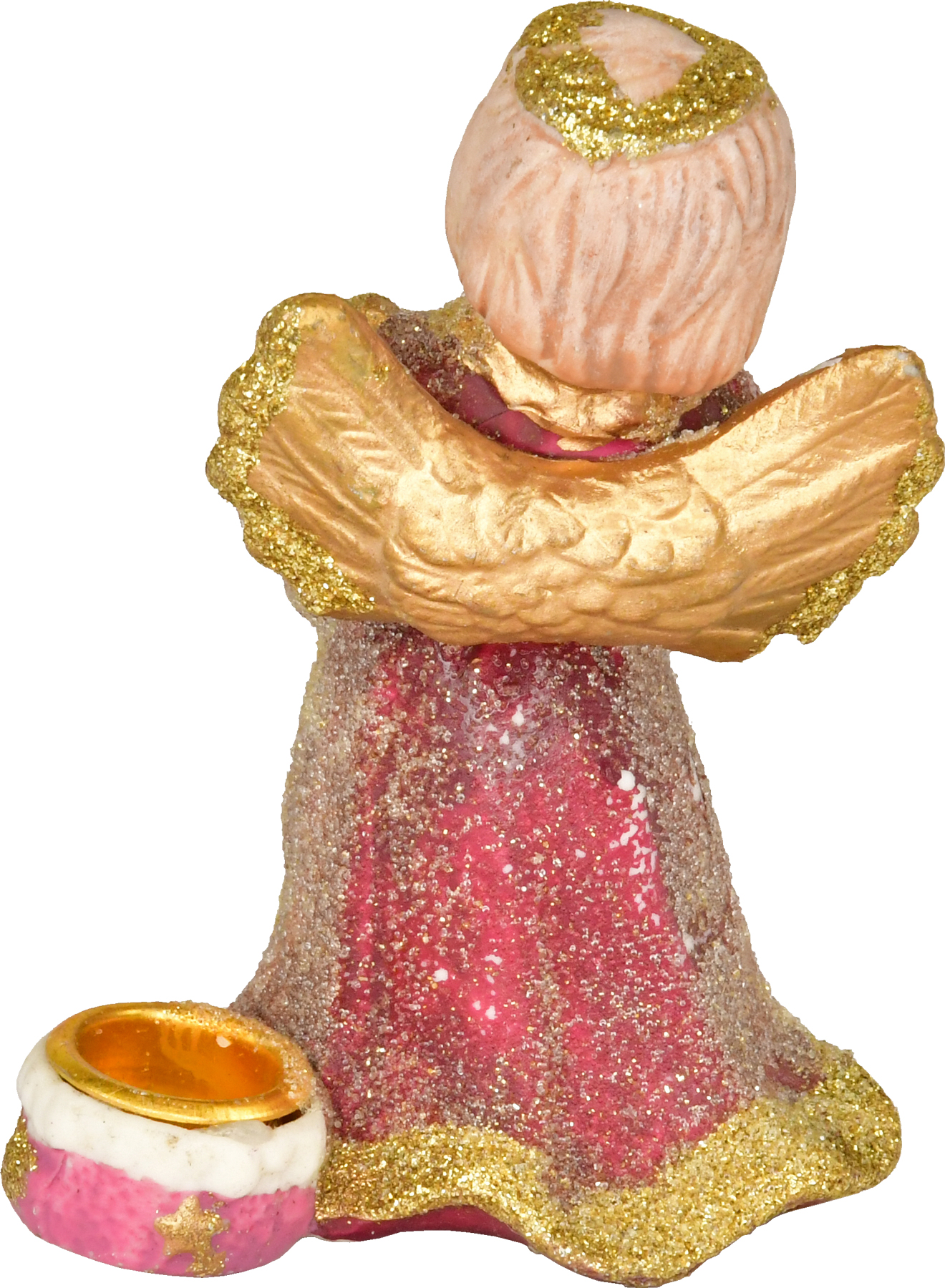 Keramikengel, stehend mit Laute, mit Kerzenhalter, Weinrot/Gold, Glitter