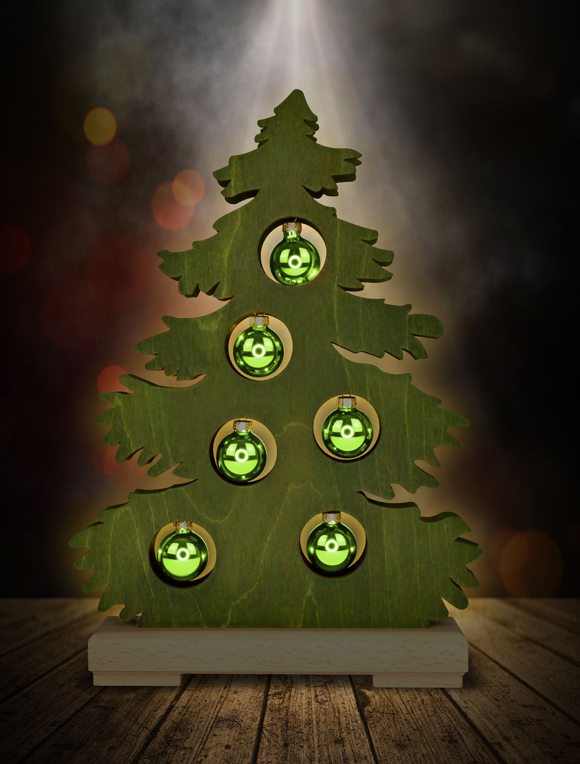 Small fir tree, green stained, green baubles, full USB