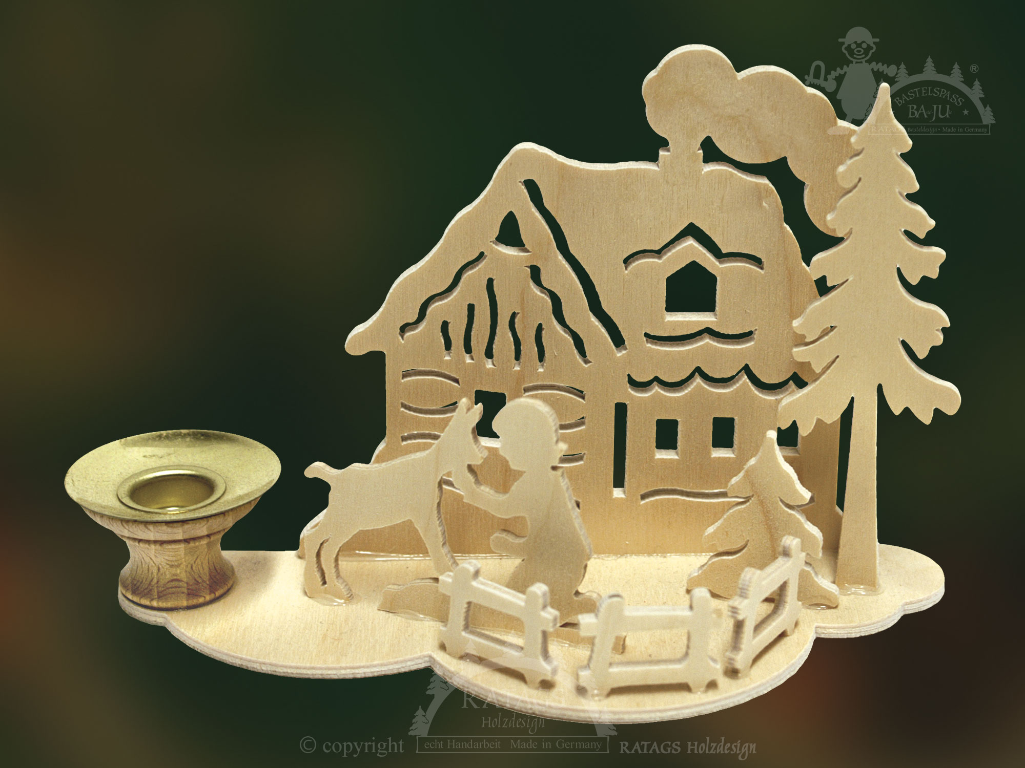 Tischschmuck zum Basteln, Hütte mit Mädchen und Hund