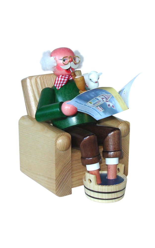 Incense burner, grandfather in armchair with cat, 14.5 cm