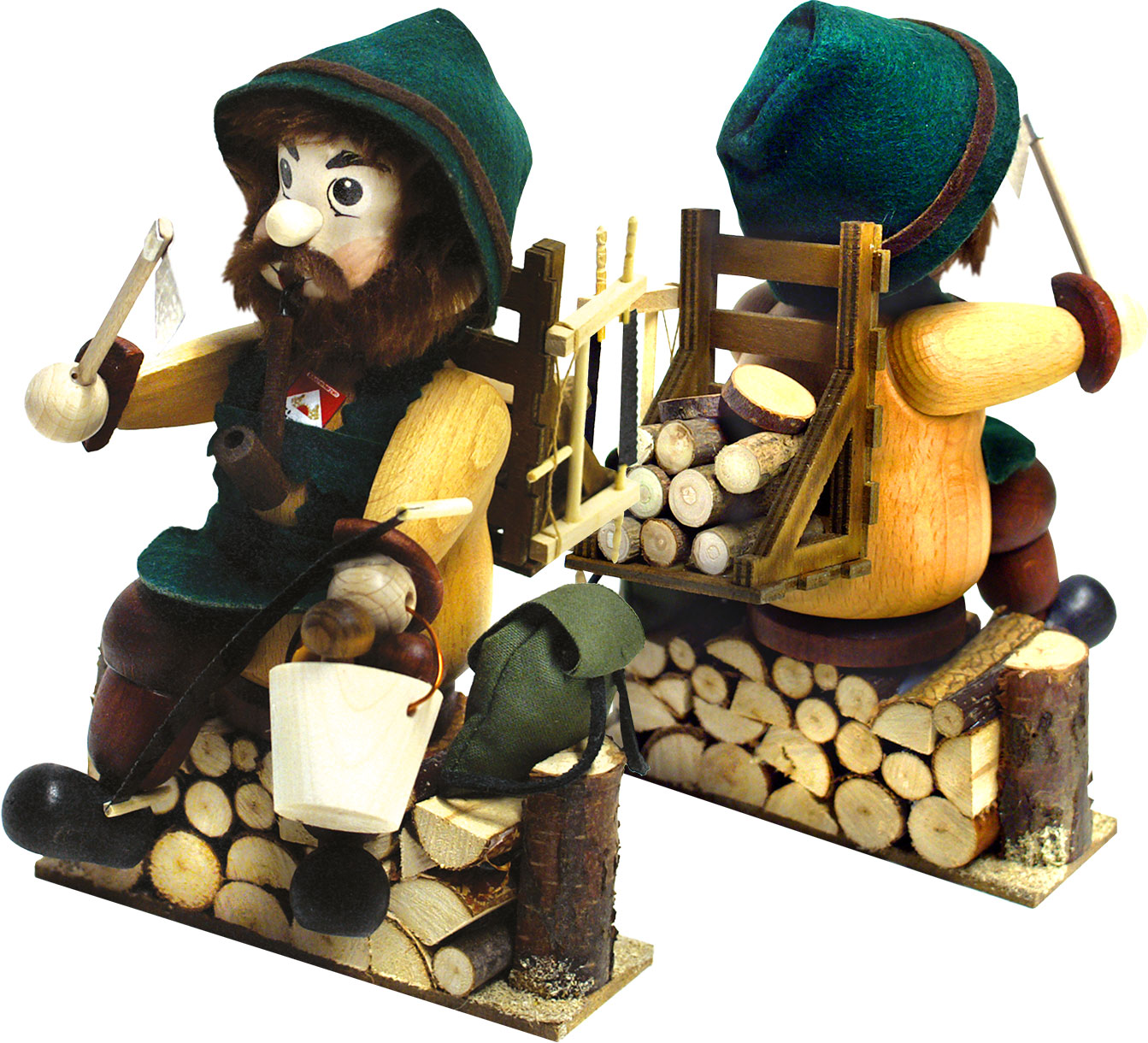 Edge stool, forest worker on a pile of wood