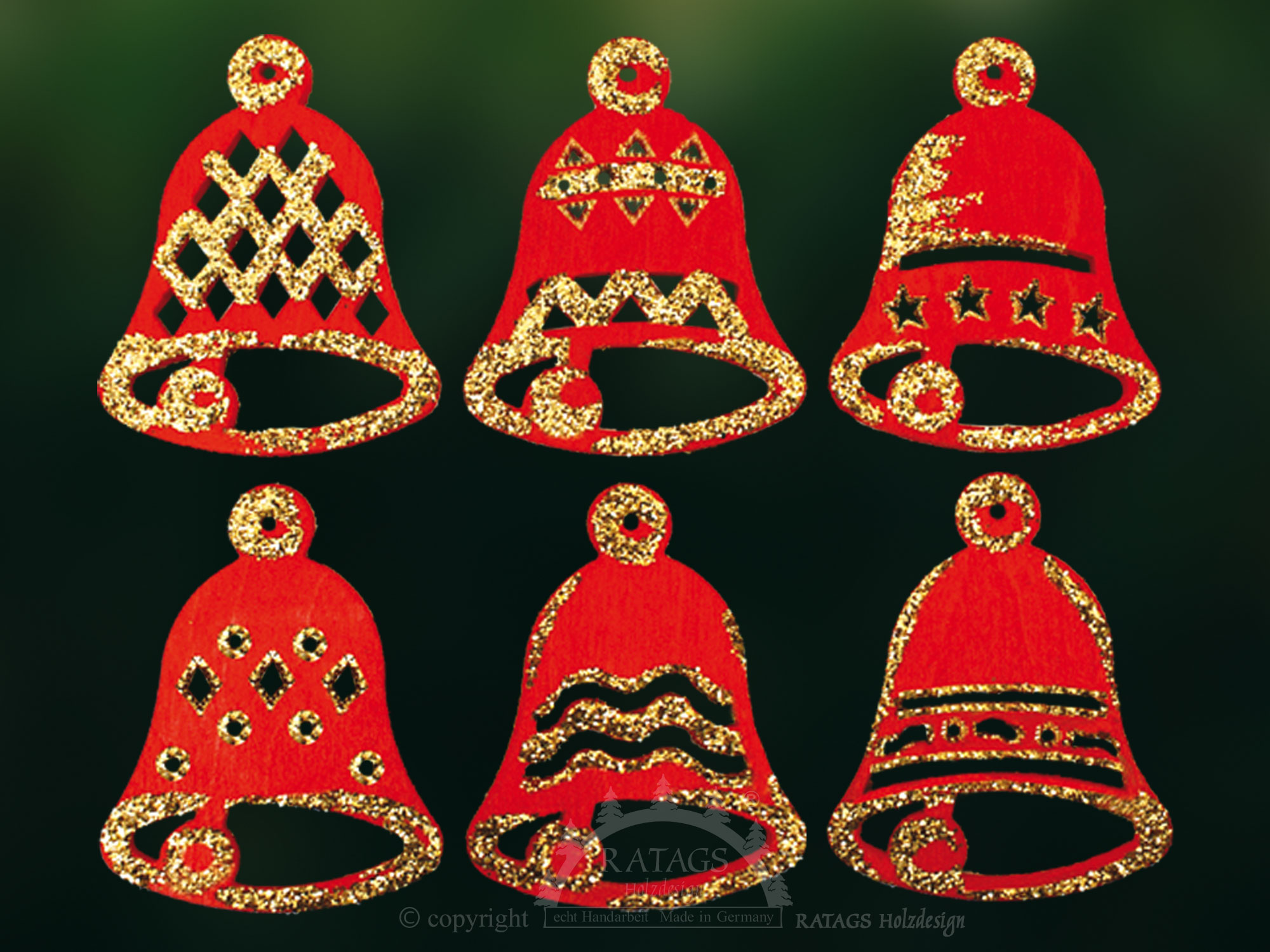 Tree decorations, set of 6, bells, red and gold
