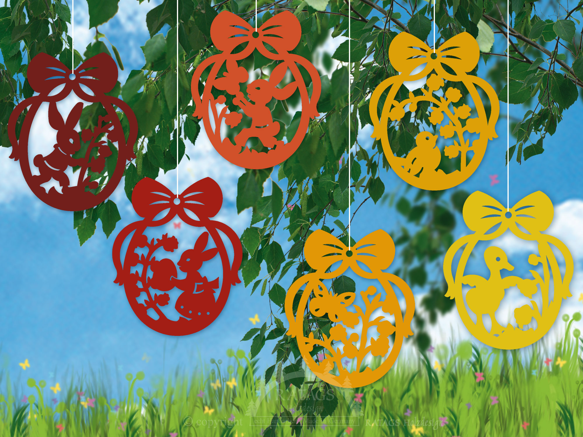 Tree decoration set of 6, eggs with bow, colour gradient yellow/red