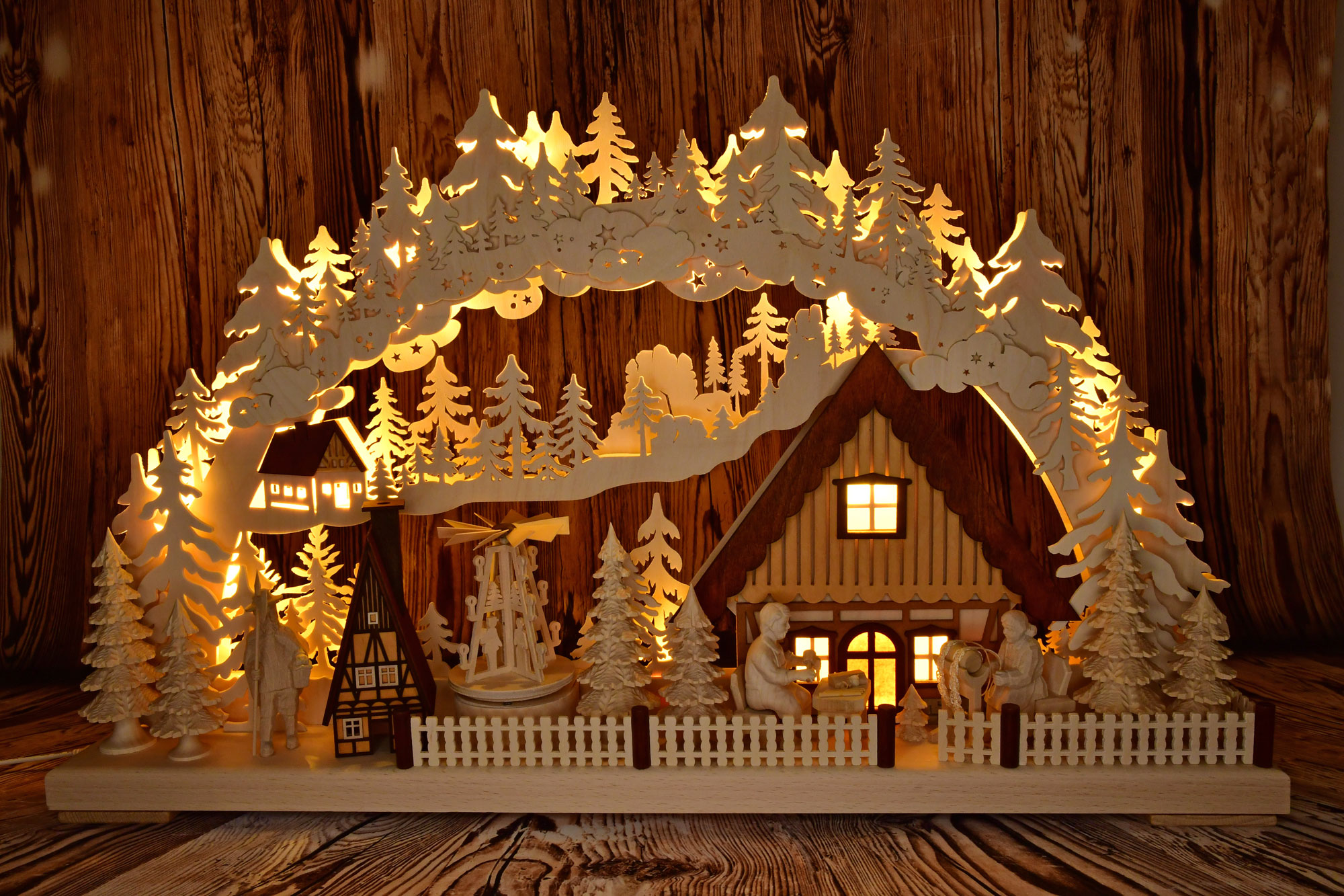 Large 3D Schwibbogen, Erzgebirge handicraft, coloured, electric pyramid