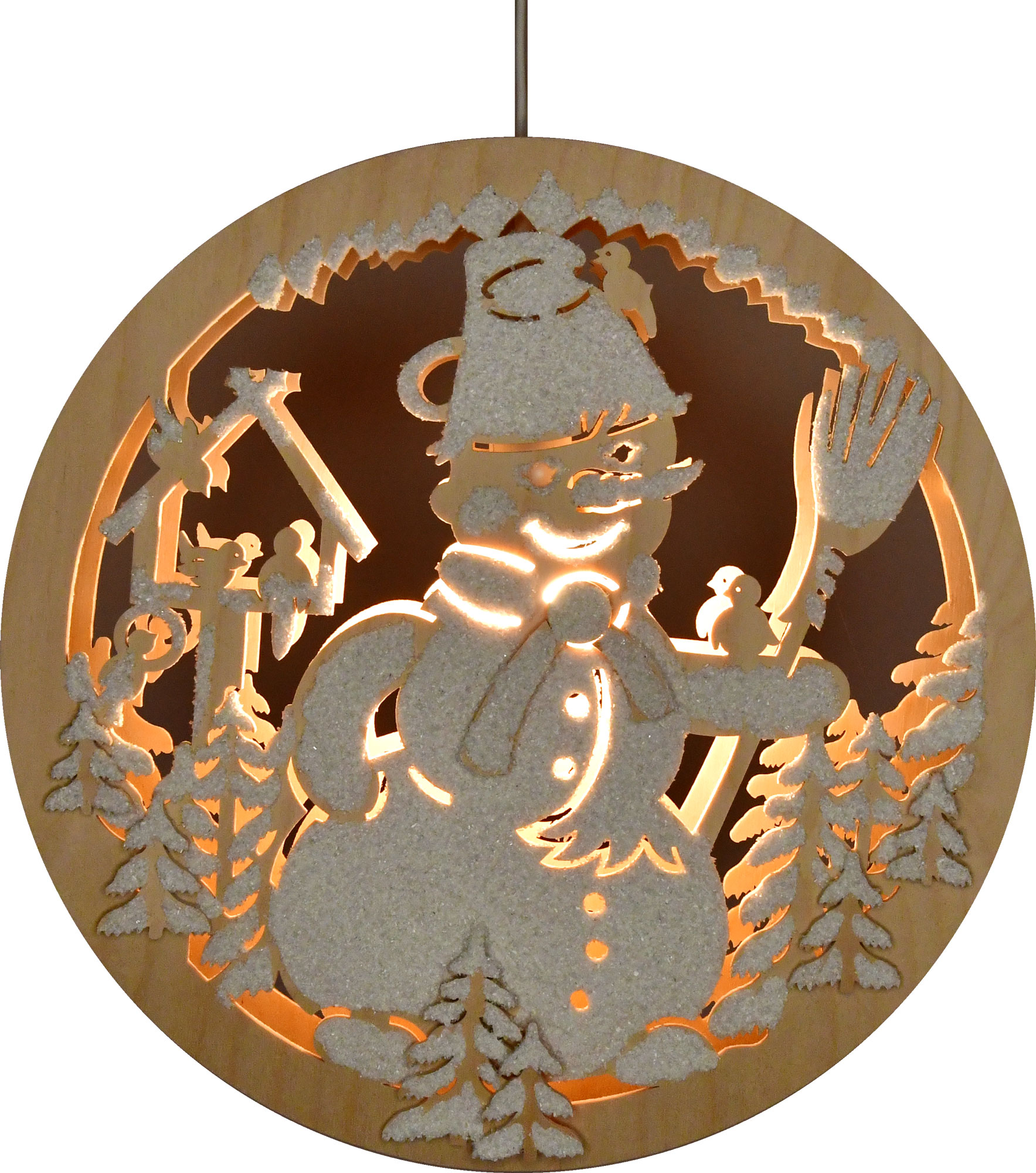 Fensterbild, beleuchtet, Schneemann, Raureif