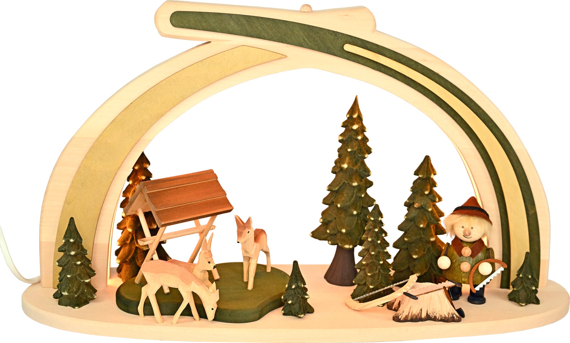 Solid wood arch, Molli forest worker 3 carved deer, with LED lighting