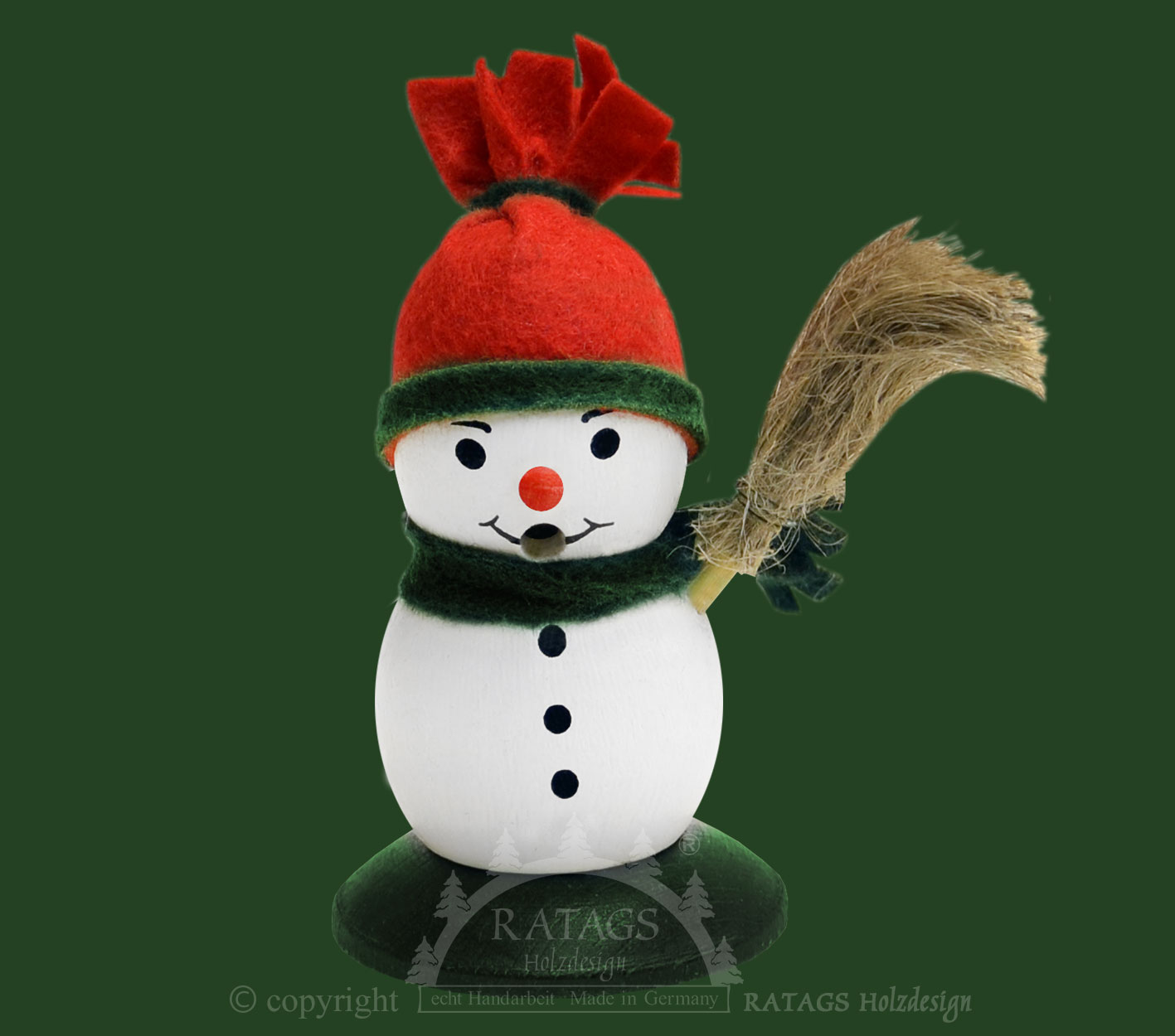 MiniRäuchermännchen, Schneemann mit Besen, rote Mütze
