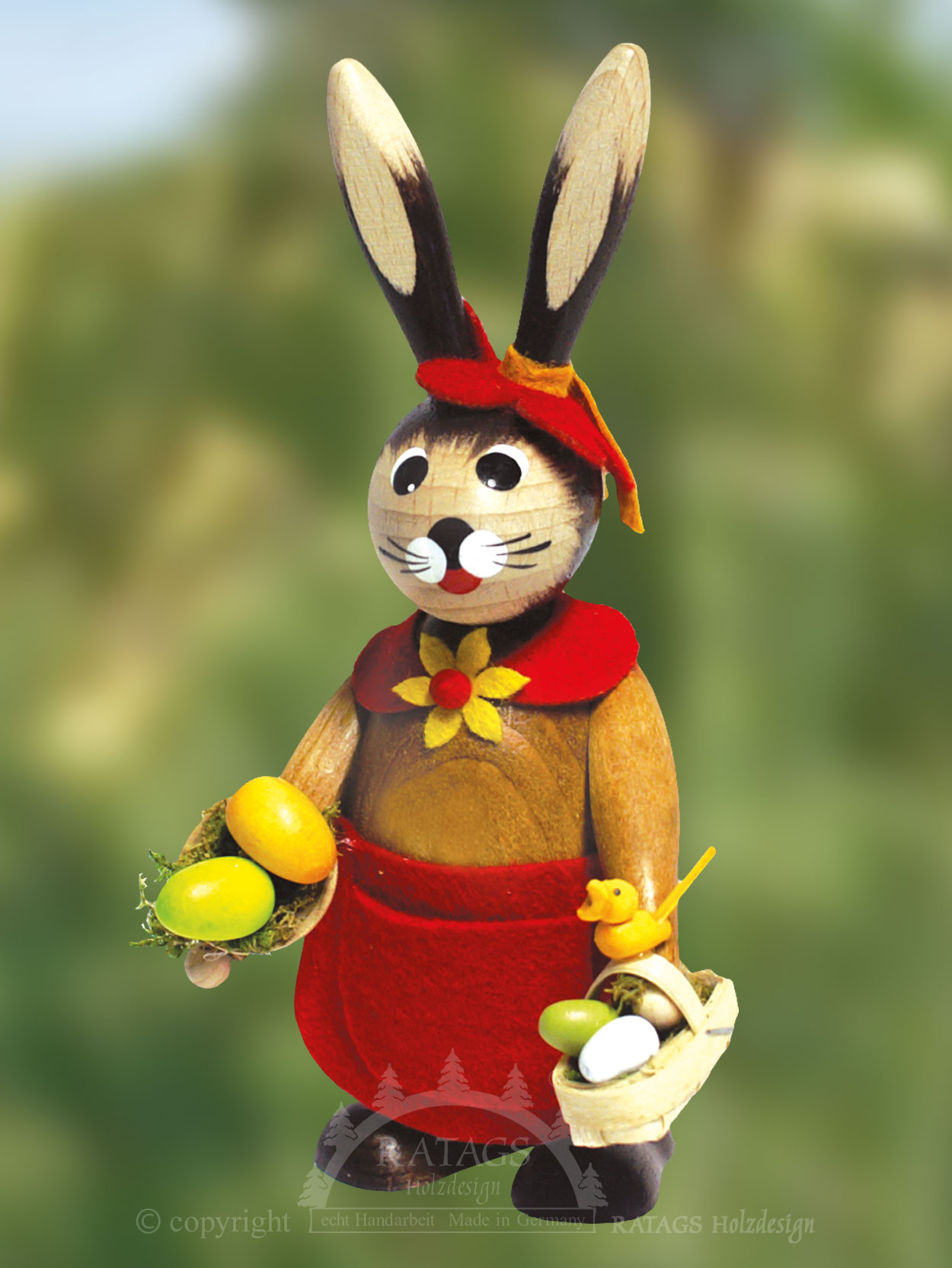 Rabbit woman, egg basket, red apron