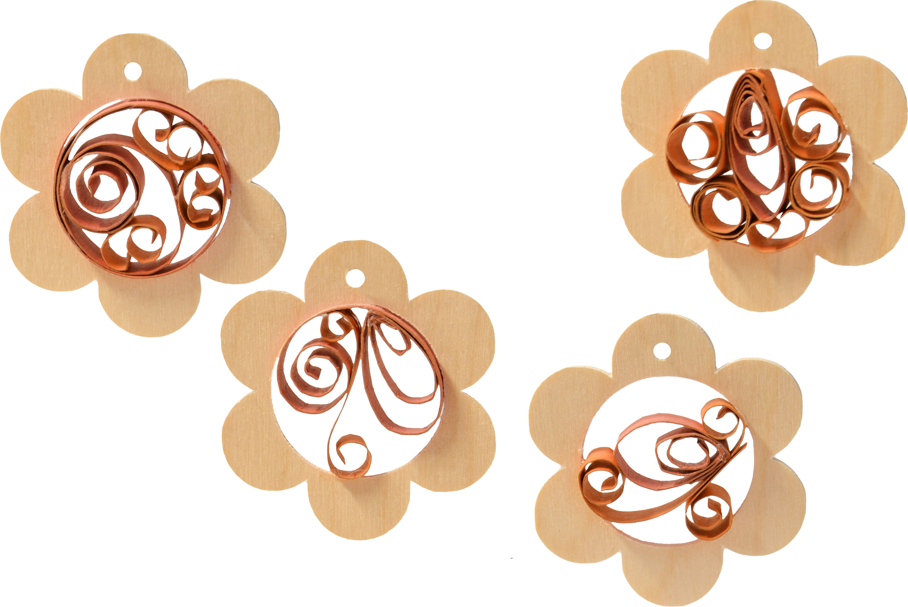 Tree decorations for crafting, set of 4 wooden flowers, height approx. 6 cm