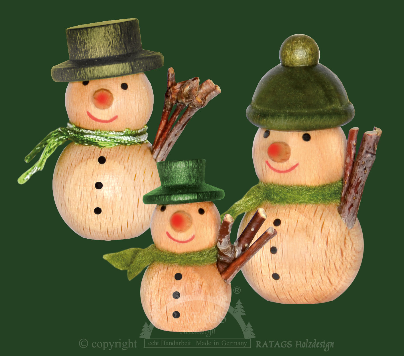 Miniaturfiguren, 3er Set, Schneemänner, grün