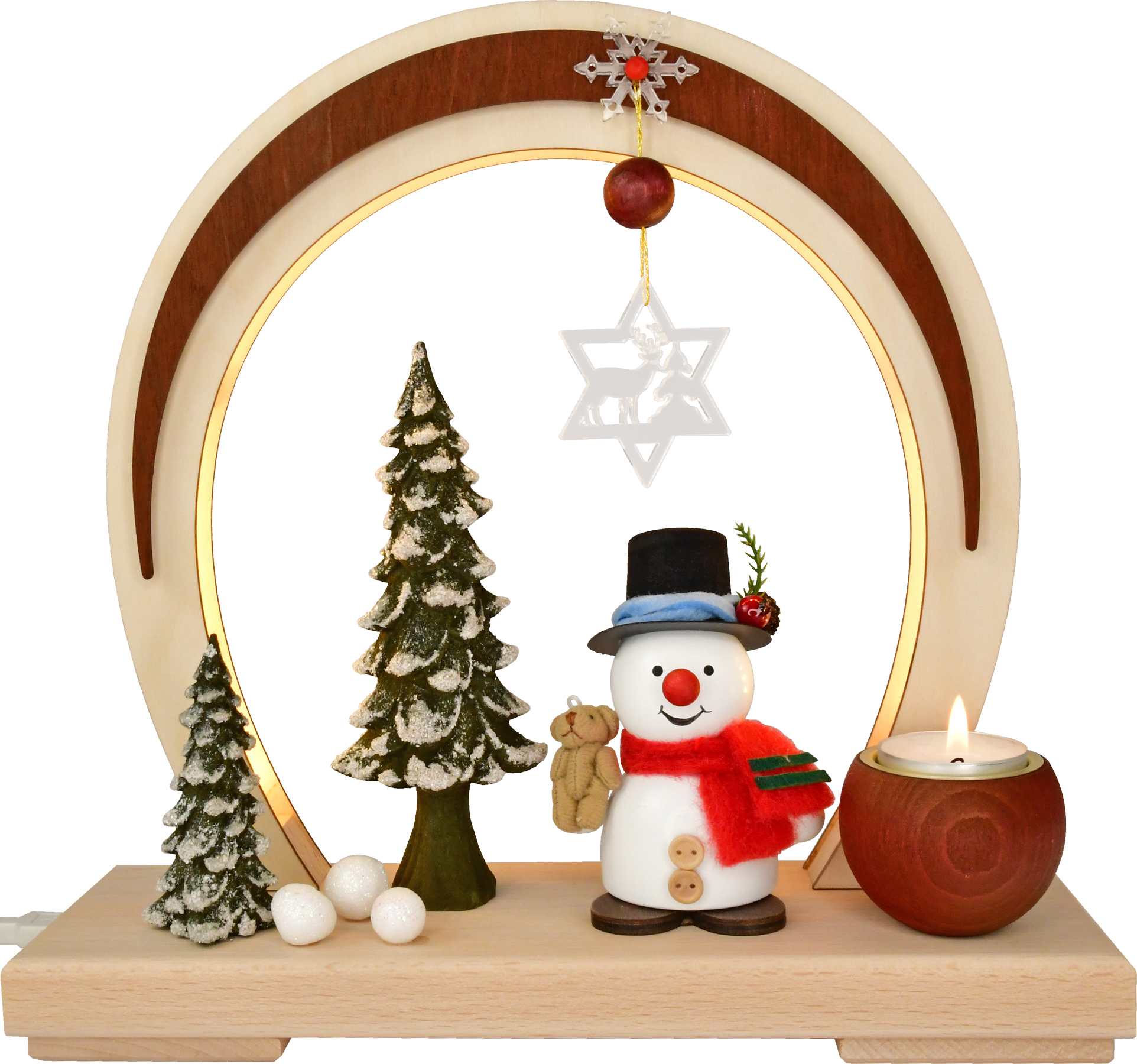 LED-Bogen, rot, Schneemann mit Teddy