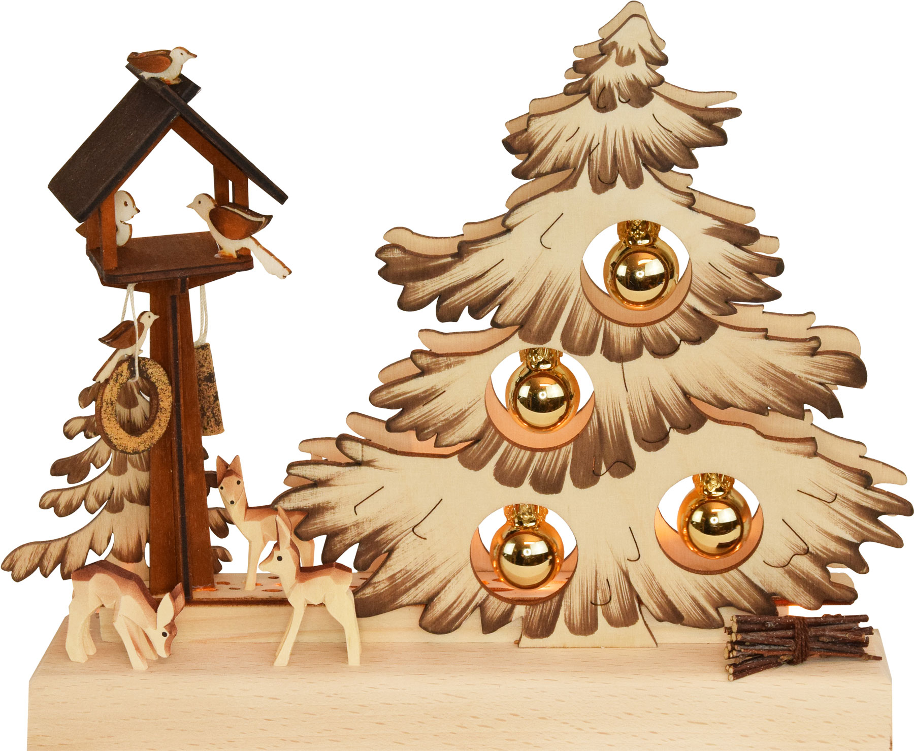 Table decoration Christmas tree with golden baubles, brown shaded