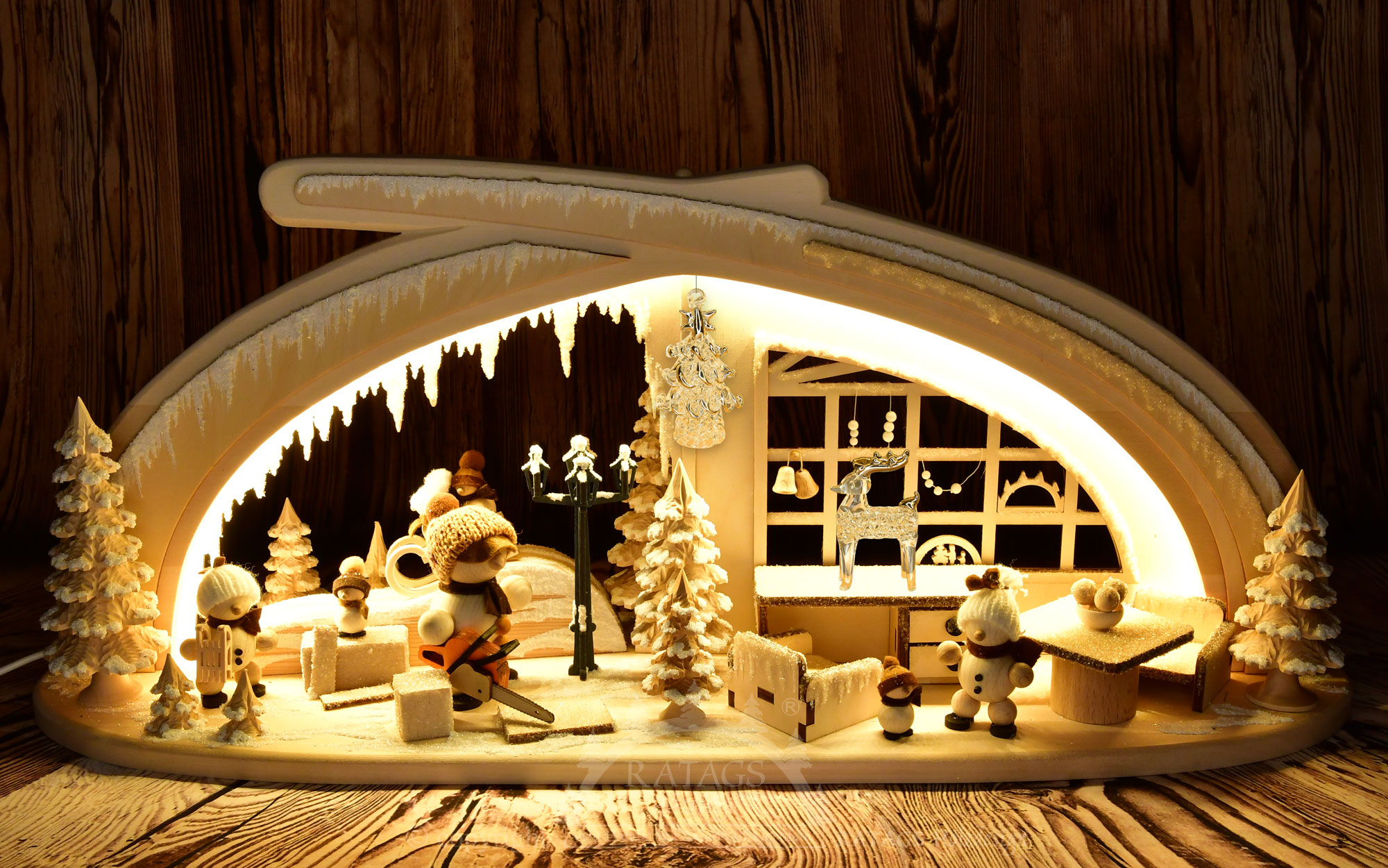 Arco de madera maciza, cueva de hielo, adornos de cristal, con iluminación LED.