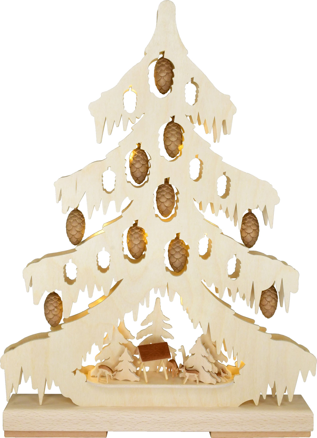 Small fir tree, carved cones, mini nativity scene, USB