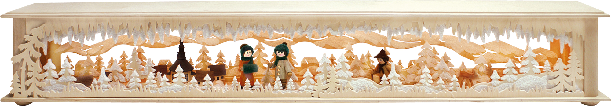 Room light, large, mountains, 3 figures, houses, hoarfrost