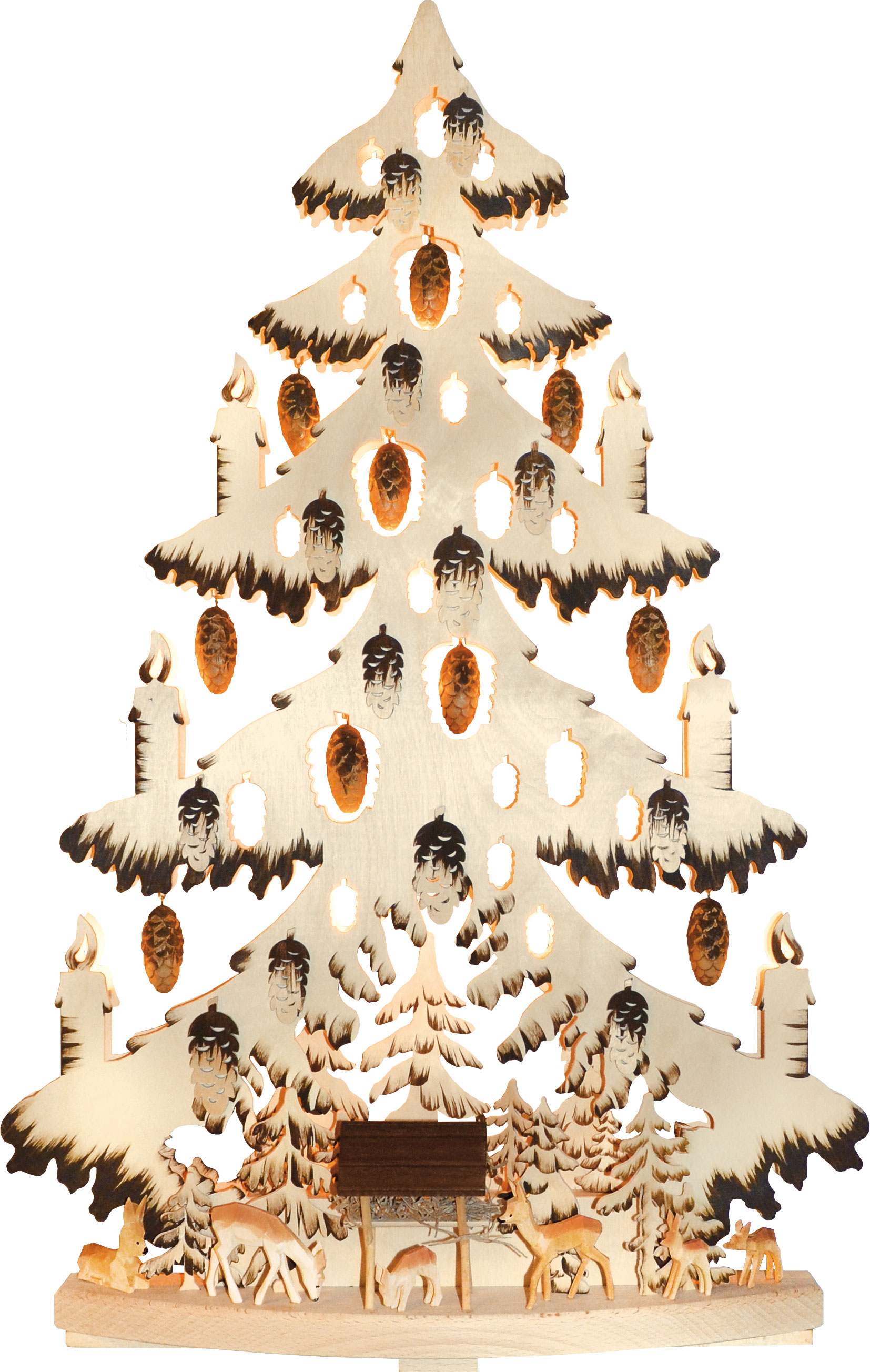 Large fir tree, carved cones, feeding station, hand-painted in brown shades