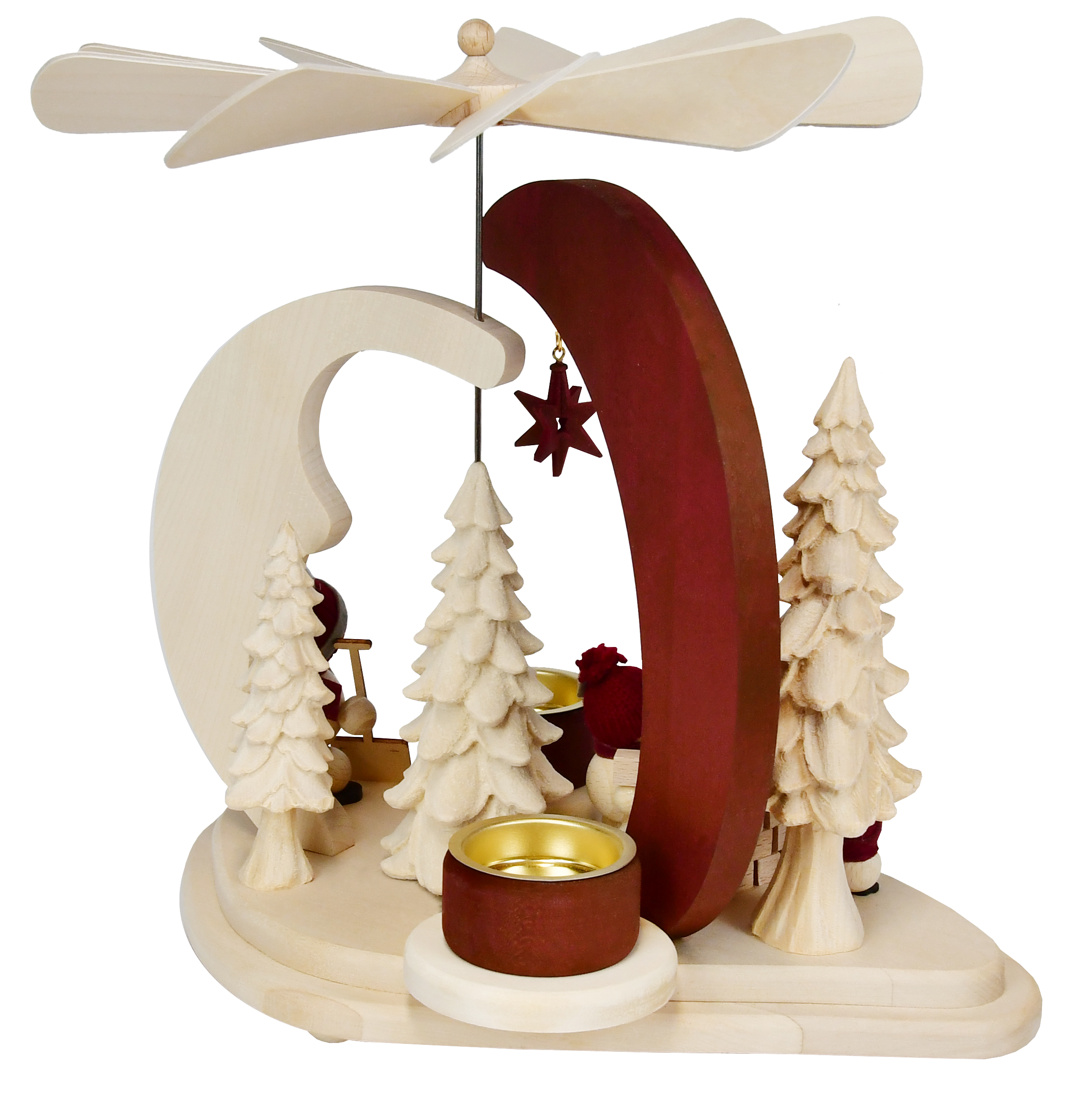Pyramide en bois massif, boules de neige, rouge