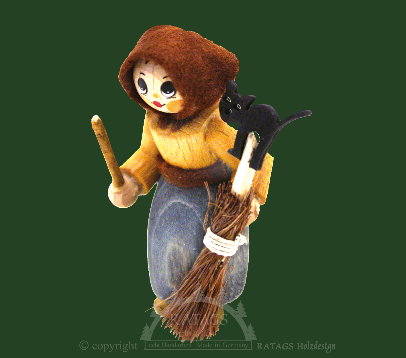 Figurine, sorcière avec bâton et chat