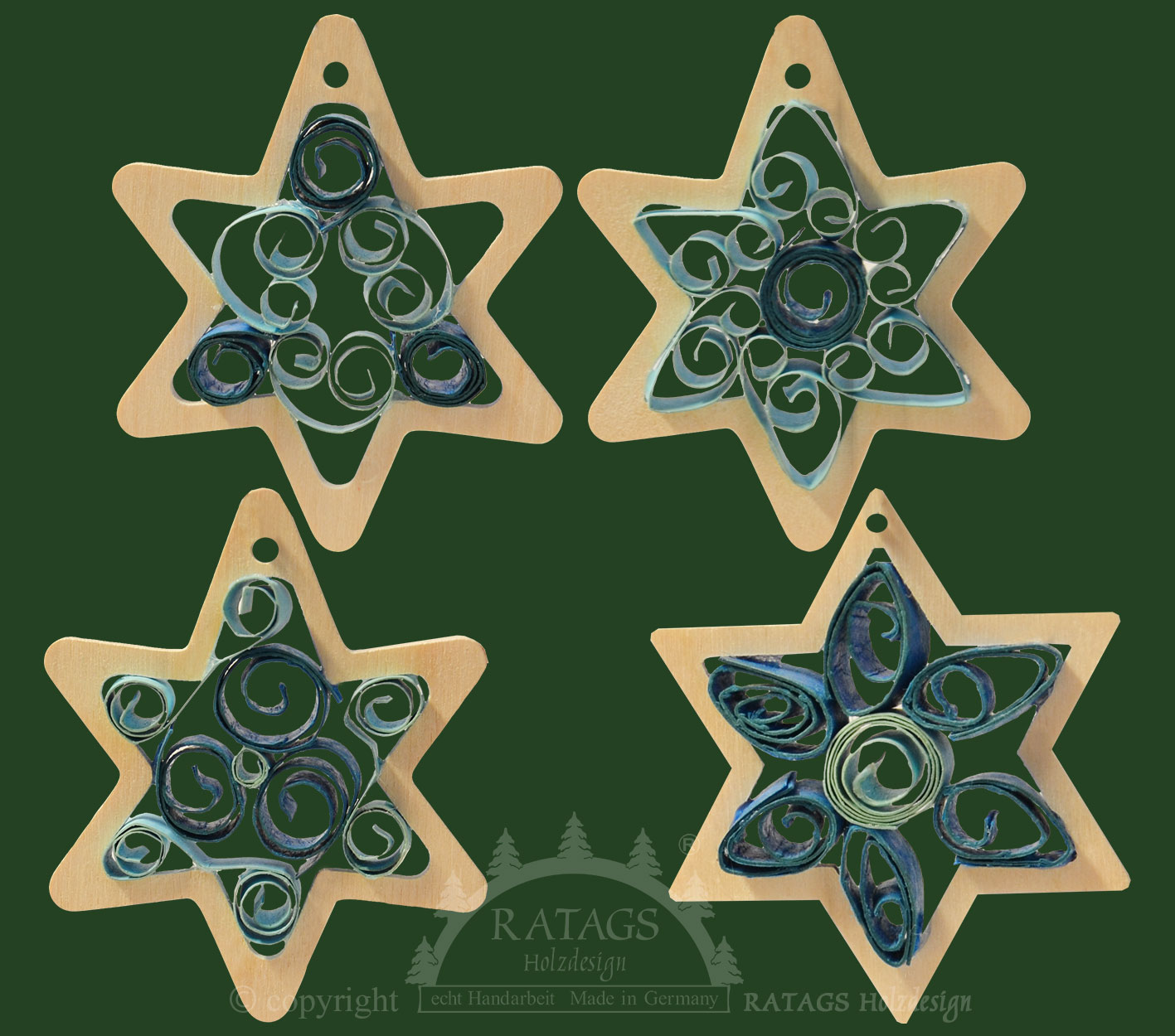 Decorazioni per l'albero da realizzare, stelle in legno naturale, set da 4, altezza circa 7,5 cm