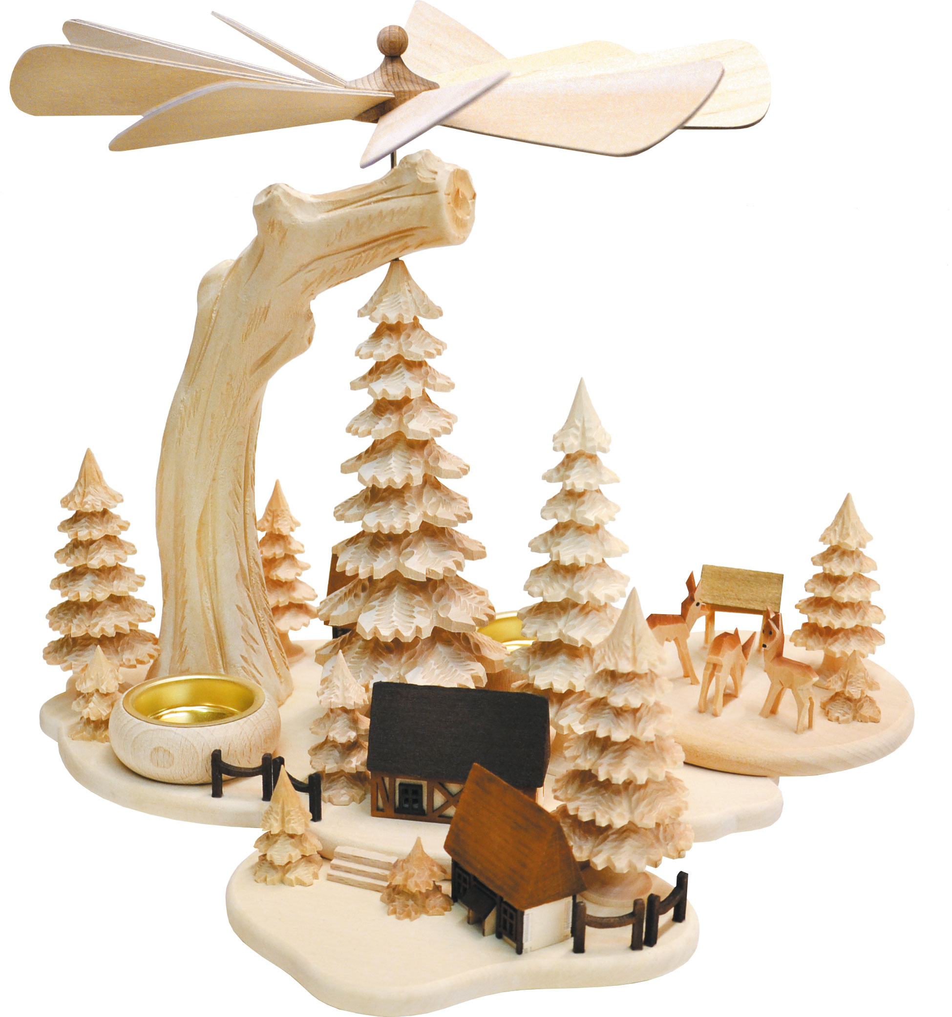 Solid wood pyramid, deer, carved trees