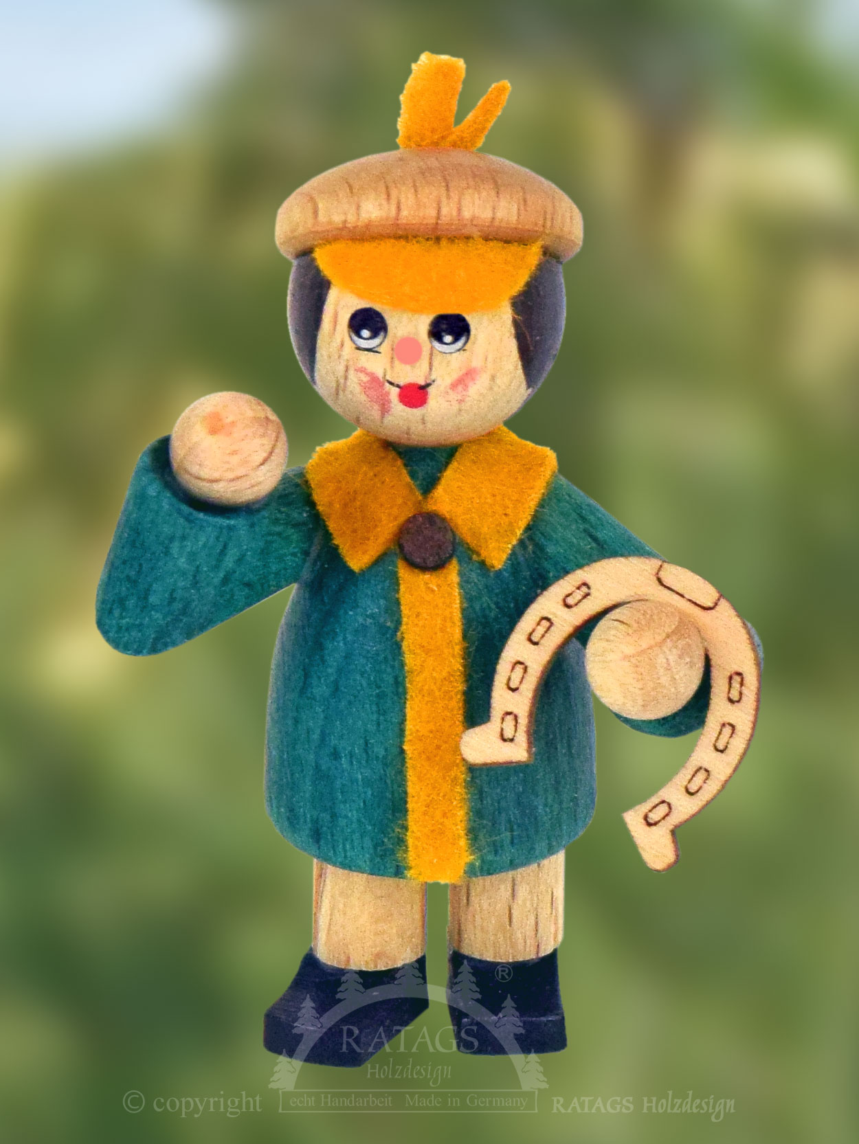 Figur, Glückskind, Junge, Hufeisen, türkis Figur, Glückskind, Junge, Hufeisen, türkis