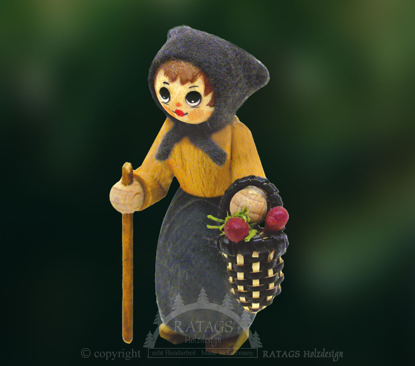 Figur, Waldfrau mit Stock und Korb Figur, Waldfrau mit Stock und Korb