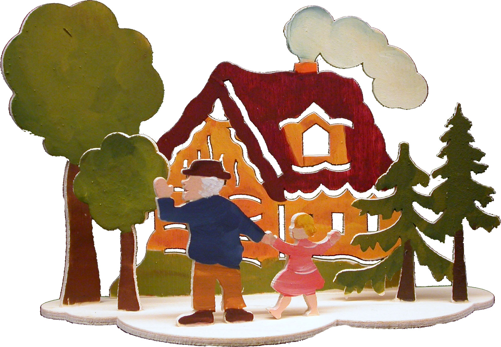 Table decorations for crafting, cottage with grandfather and granddaughter