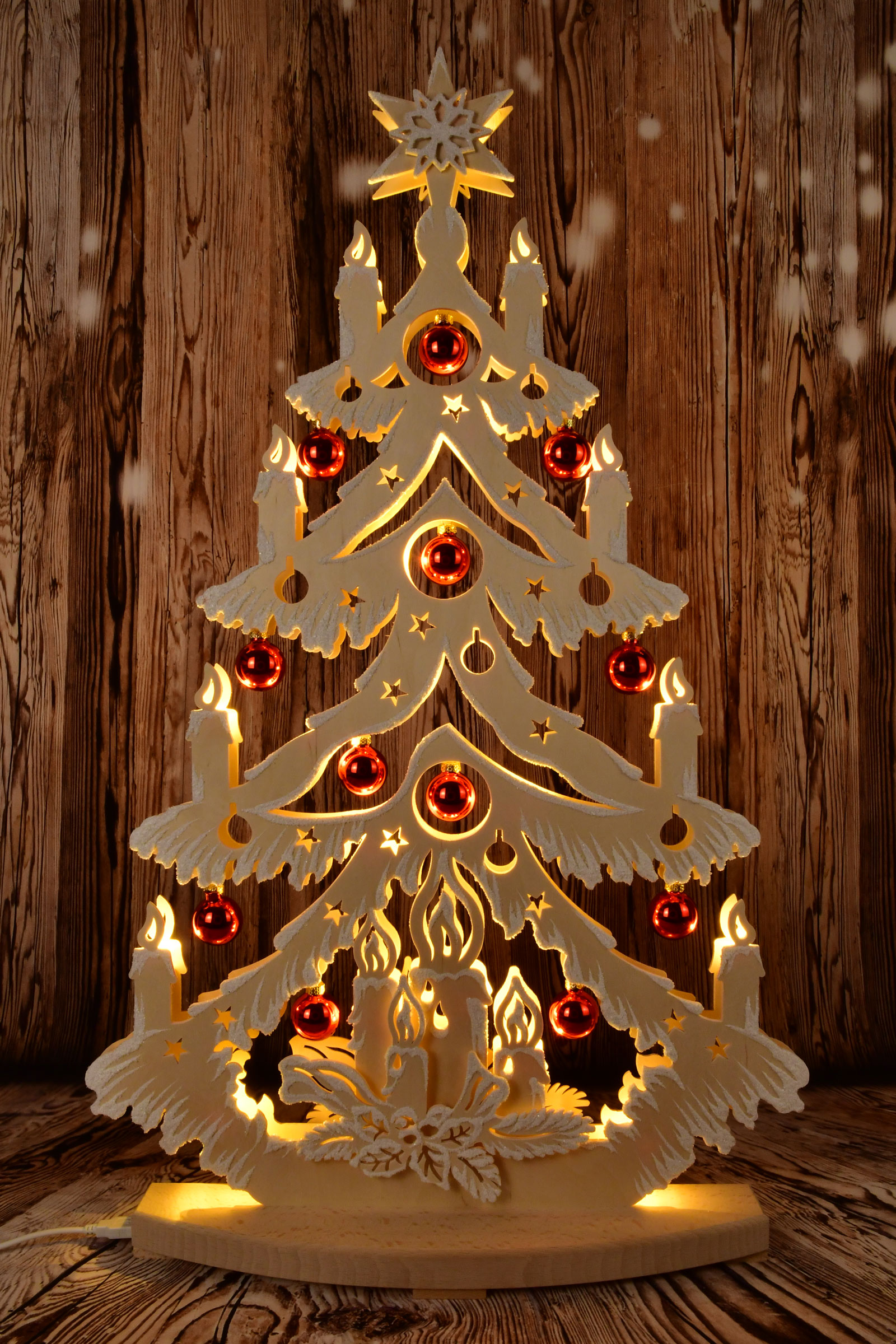 Tanne groß, Baumkugeln, rot+grün, glänzend, Raureif Tanne groß, Baumkugeln, rot+grün, glänzend, Raureif