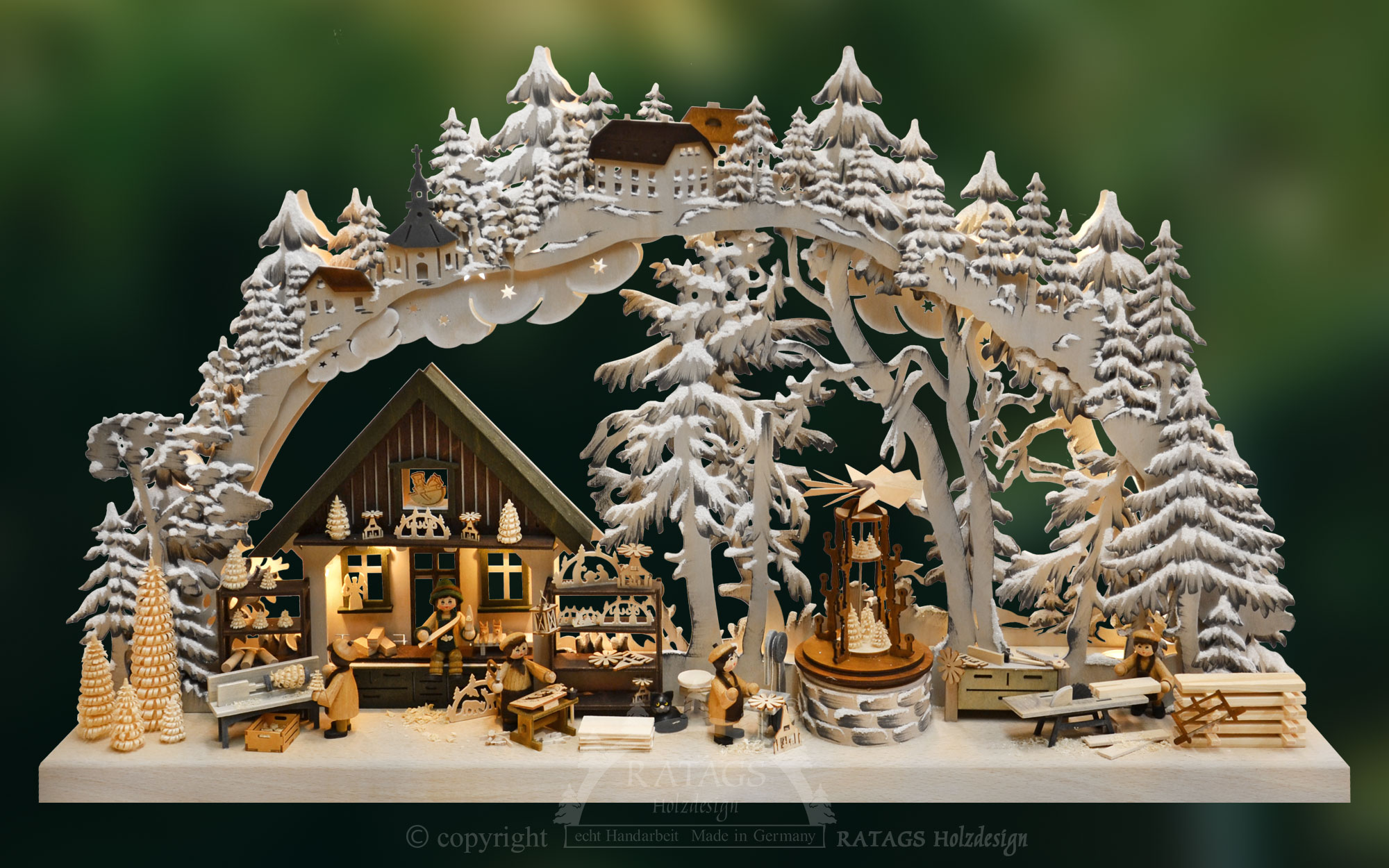 Large 3D Schwibbogen, Erzgebirge handicraft, hand-painted grey, hoarfrost,