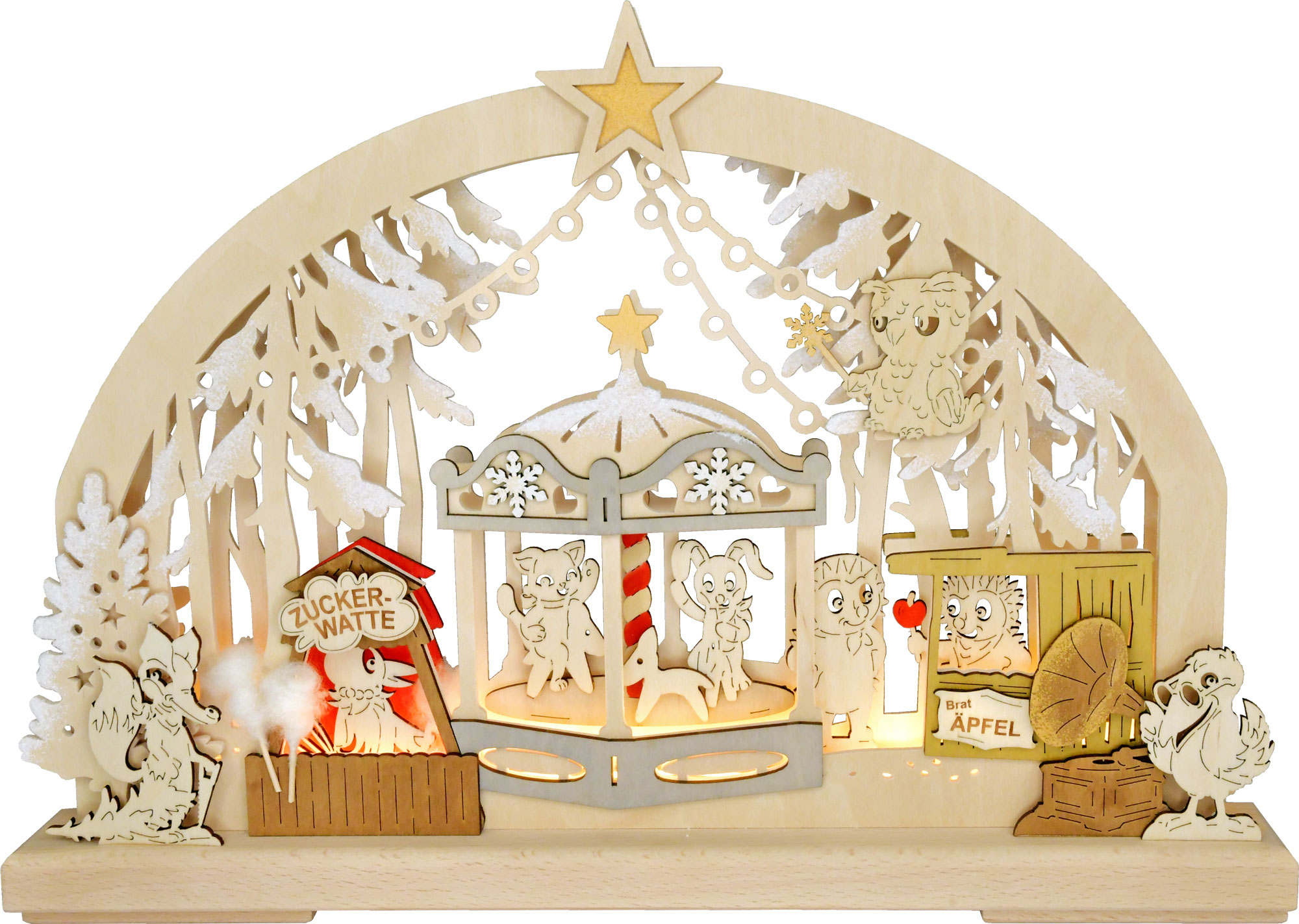 Schwibbogen kl., Weihnachtsmarkt, Märchenwald, farbig, Raureif, LED-Stripe