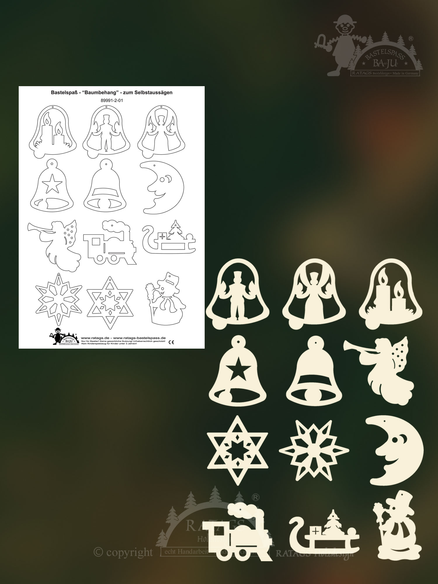 Tree decorations for crafting, set of 6, Christmas motifs, for sawing out