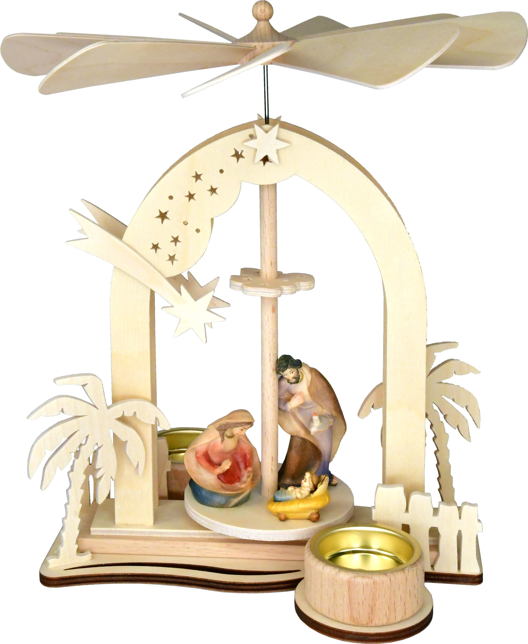 Star arch pyramid, Holy Family, 3 Tyrolean figures, colour, tea lights