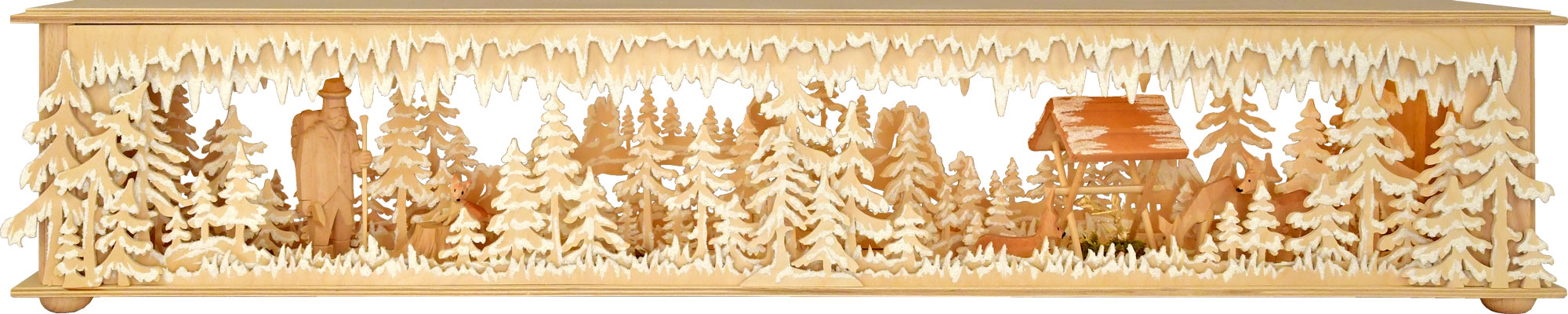 Room light, large, forest, forest man with axe, feeding trough, hoarfrost